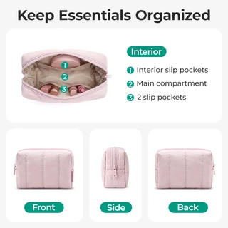 BAGSMART Quilted Makeup Bag Puffy Cushion Cosmetic Pouch Wide-open Travel Toiletry Organizer Case กระเป๋ากันน้ํา