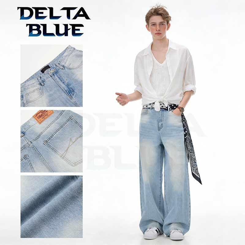 DELTA BLUE  กางเกงยีนส์ขากว้างผู้ชาย สไตล์อเมริกัน ลายเย็บ  สตรีทสวมหลวม ล้างด้อย ตรงขากว้างยาว  เอวสูง ทรงหลวมย้วยส์ สไตล์เกาหลี๋Americanสีฟ้า y2k แฟชั่นอินเทรนด์ oversize