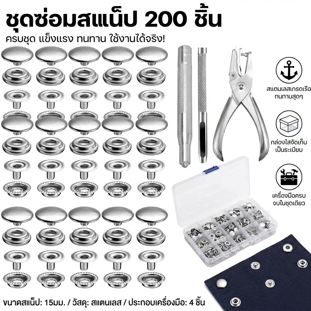ชุดกระดุม ยึดสแน็ป สเตนเลส ทนทาน 200 ชิ้น พร้อมคีม DIY ชุดตอกพร้อมกระดุมคีมติดกระดุมแป๊ก