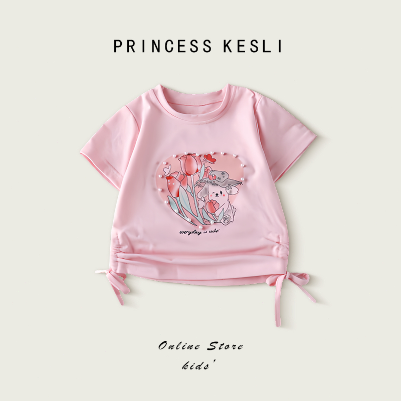 Princess Kesli เสื้อยืดเด็กผู้หญิง เสื้อยืดแขนสั้น พิมพ์ลายการ์ตูน ประดับมุก แบบผูกเชือก แฟชั่นฤดูร้อน 2-12 ปี