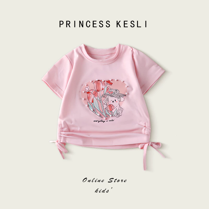 Princess Kesli เสื้อยืดเด็กผู้หญิง เสื้อยืดแขนสั้น พิมพ์ลายการ์ตูน ประดับมุก แบบผูกเชือก แฟชั่นฤดูร้อน 2-12 ปี