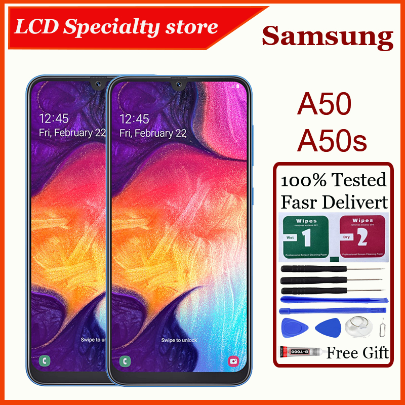 Original AMOLED สําหรับ Samsung Galaxy A50 A50s จอแสดงผล LCD หน้าจอสัมผัสพร้อมการเปลี่ยนกรอบ