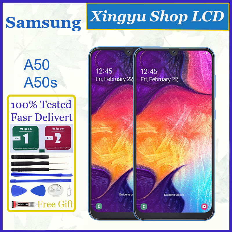 Original AMOLED สําหรับ Samsung Galaxy A50 A50s จอแสดงผล LCD หน้าจอสัมผัสพร้อมการเปลี่ยนกรอบ
