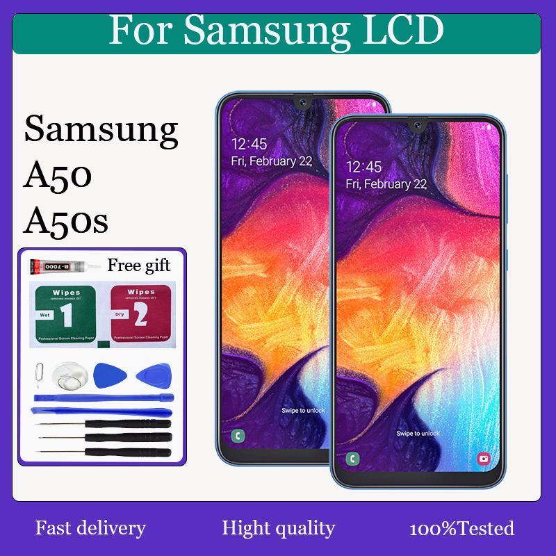 Original AMOLED สําหรับ Samsung Galaxy A50 A50s จอแสดงผล LCD หน้าจอสัมผัสพร้อมการเปลี่ยนกรอบ