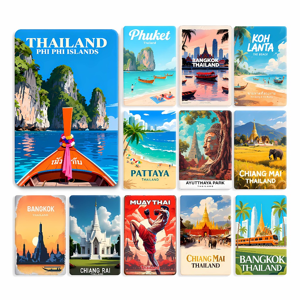 ป้ายโลหะ ภาพวาดเหล็กแลนด์มาร์กไทย  Bangkok Chiang Mai Phuket Phi Phi Island 20x30 ซม.แขวนผนังร้านกาแฟ