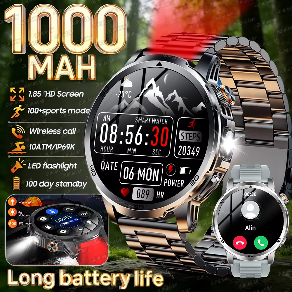 2026 ใหม่กลางแจ้งทหารสมาร์ทนาฬิกาสําหรับชาย 1.85 "AMOLED 1000mAh แบตเตอรี่ IP69K ว่ายน้ําไฟฉาย Heart