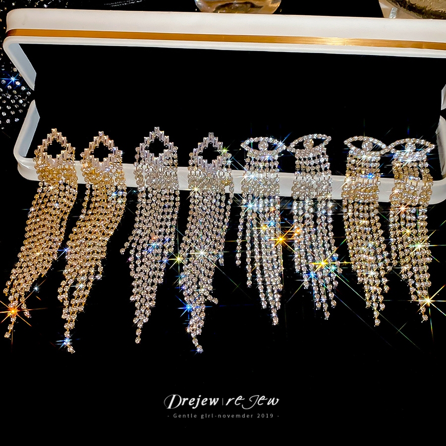 DREW Rhinestone พู่ยาว Drop ต่างหูผู้หญิงทอง/เงินโทน Sparkly Luxury Party สไตล์แฟชั่นทุกวันอินเทรนด์เครื่องประดับอุปกรณ์เสริม