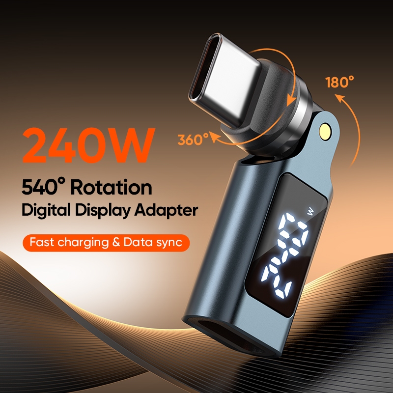 อะแดปเตอร์จอแสดงผลดิจิตอลชาร์จ 240W ใหม่ Type-C ถึง Type-C 540° การหมุน, QC3.0/PD3.1, 5A Fast Charge, USB 2.0