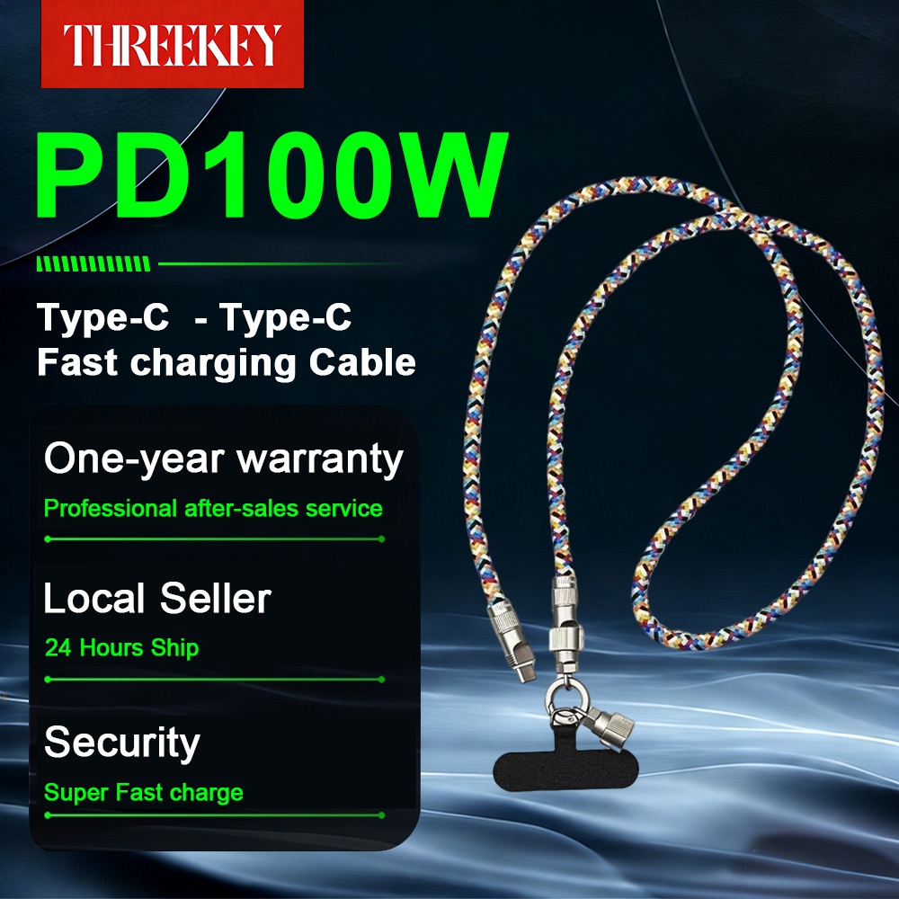 THREEKEY 60w เร็วการ  สายชาร์จสากลใหม่ 2 ใน-1 สายคล้องคอแบบยืดหดได้ เร็วการออกแบบโลหะผสมสังกะสี, สายเคเบิลถักสีแ  สายคล้องโทรศัพท์มือถือสายชาร์จ Type C