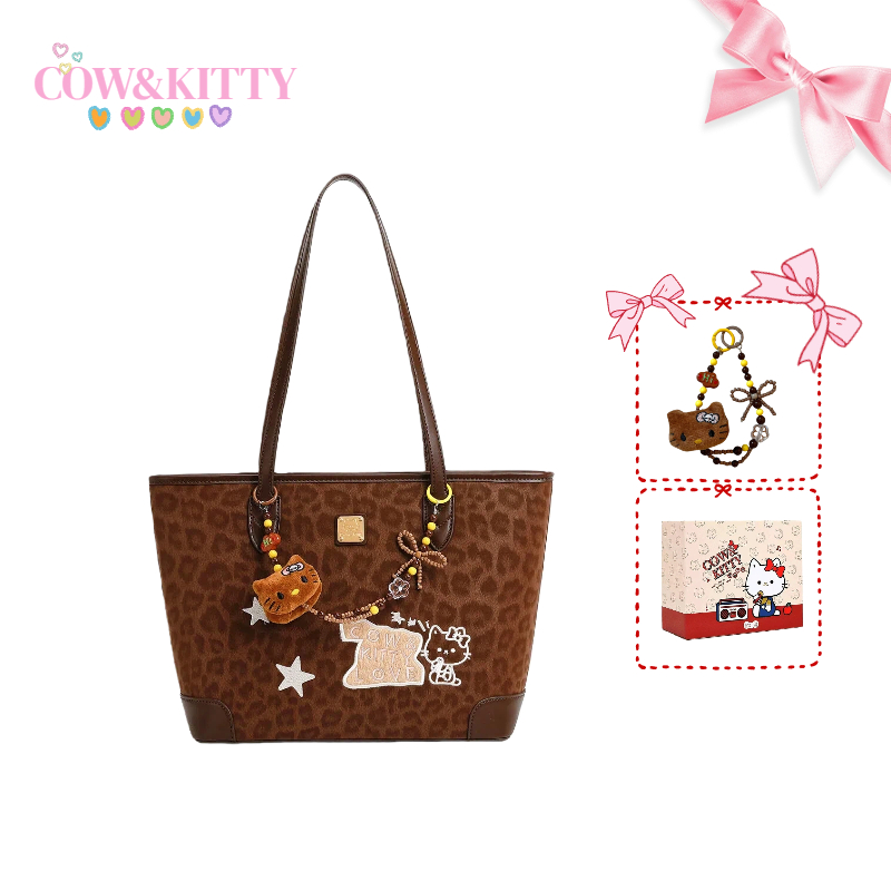 กระเป๋าโท้ต Cow&Kitty Brown Series กระเป๋าสะพายข้าง สไตล์ลายเสือดาว ความจุขนาดใหญ่