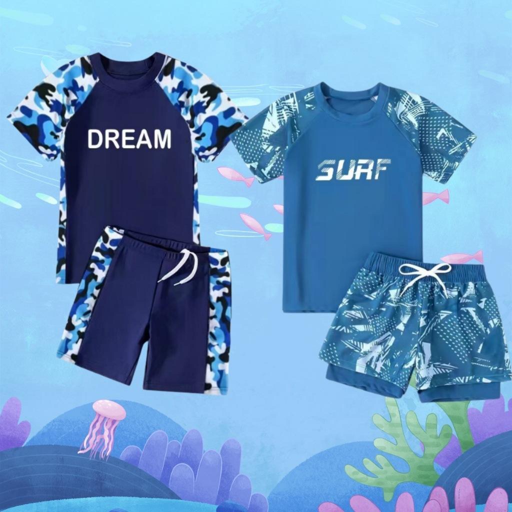 ใหม่ Rashguard ขนาด 3-13 ปี, ชุดว่ายน้ำ 2 ชิ้น แห้งไว ลายแฟชั่นฤดูร้อน