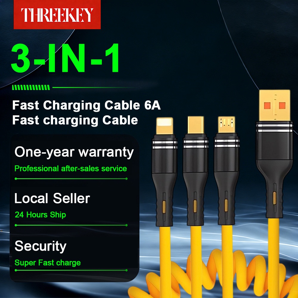 THREEKEY สายชาร์จเร็ว 3 in 1 ซิลิโคนเหลว สายชาร์จแบบสปริง 1.5เมต Super Fast Charging Cable 6A