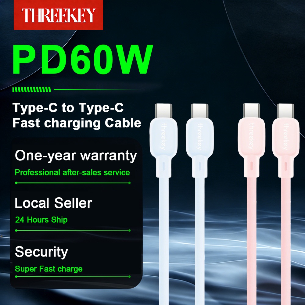 THREEKEY NB09 สายชาร์จเร็ว Silicone Sugar Cube 60W สายชาร์จเร็ว C to C ความยาว 1 เมตรรับประกัน 1 ปี