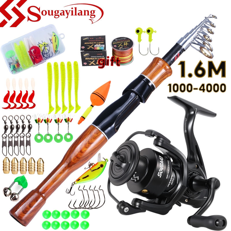Sougayilang Telescopic Fishing Set ประกอบด้วยท่อนกลม 1.6 เมตร และตัวเก็บสายสปินนิ่งเรียล 5.2:1 เหมาะสำหรับการตกปลาน้ำจืดและน้ำเค็ม