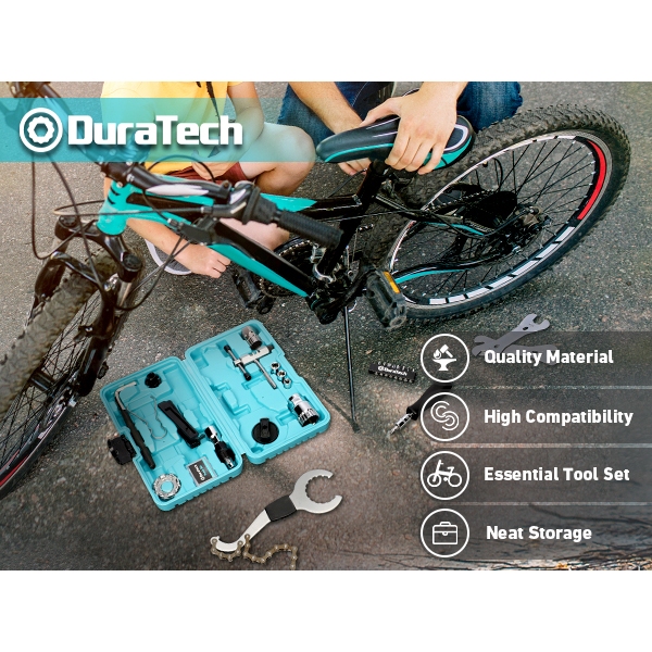 DURATECH 31 ชิ้นชุดเครื่องมือจักรยาน, โซ่จักรยาน, ชุดซ่อมจักรยานครบชุดพร้อมกล่องเก็บของ, เครื่องมือซ่อมจักรยานเสือภูเขาถนน, และจักรยาน Park พร้อมหมุดย้ําโซ่, ยางล้อ