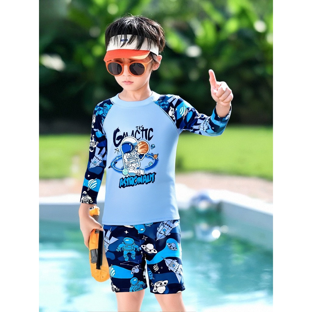 ชุดเด็กสองชิ้น พิมาย เสื้อแขนยาว + ชุดว่ายน้ำสั้นสำหรับเด็กผู้ชาย ขนาด 3-11 ปี ราคา ถูกที่สุด ดีลบีเคเค แกลเลอรีภาพที่ 7