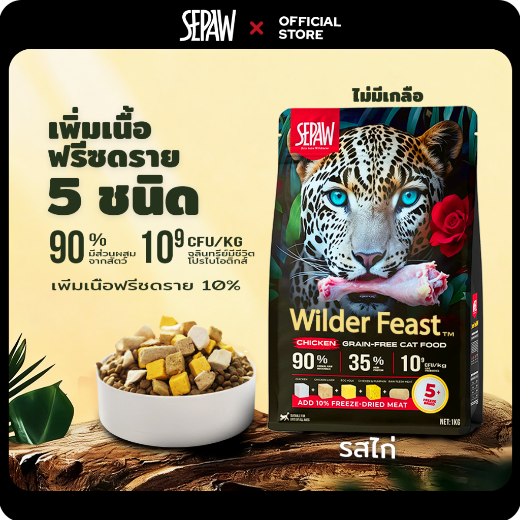 SEPAW Wilder Feast อาหารแมวสูตรไก่ ไร้ธัญพืช 【1kg】 โปรตีนสูง 35% ส่วนผสมจากสัตว์ 90% ฟรีซดราย 10% เหมาะสำหรับแมวทุกวัย