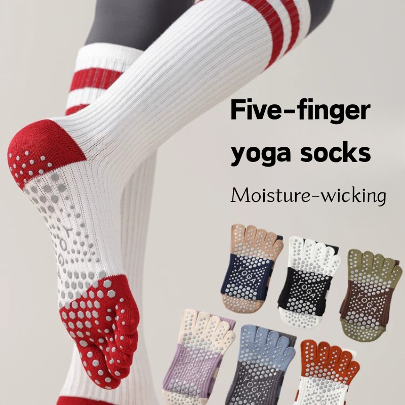 ถุงเท้าโยคะห้านิ้วสำหรับมืออาชีพ กันลื่น ป้องกันการเลื่อน อายุเกินเข่า แยกนิ้วเท้า