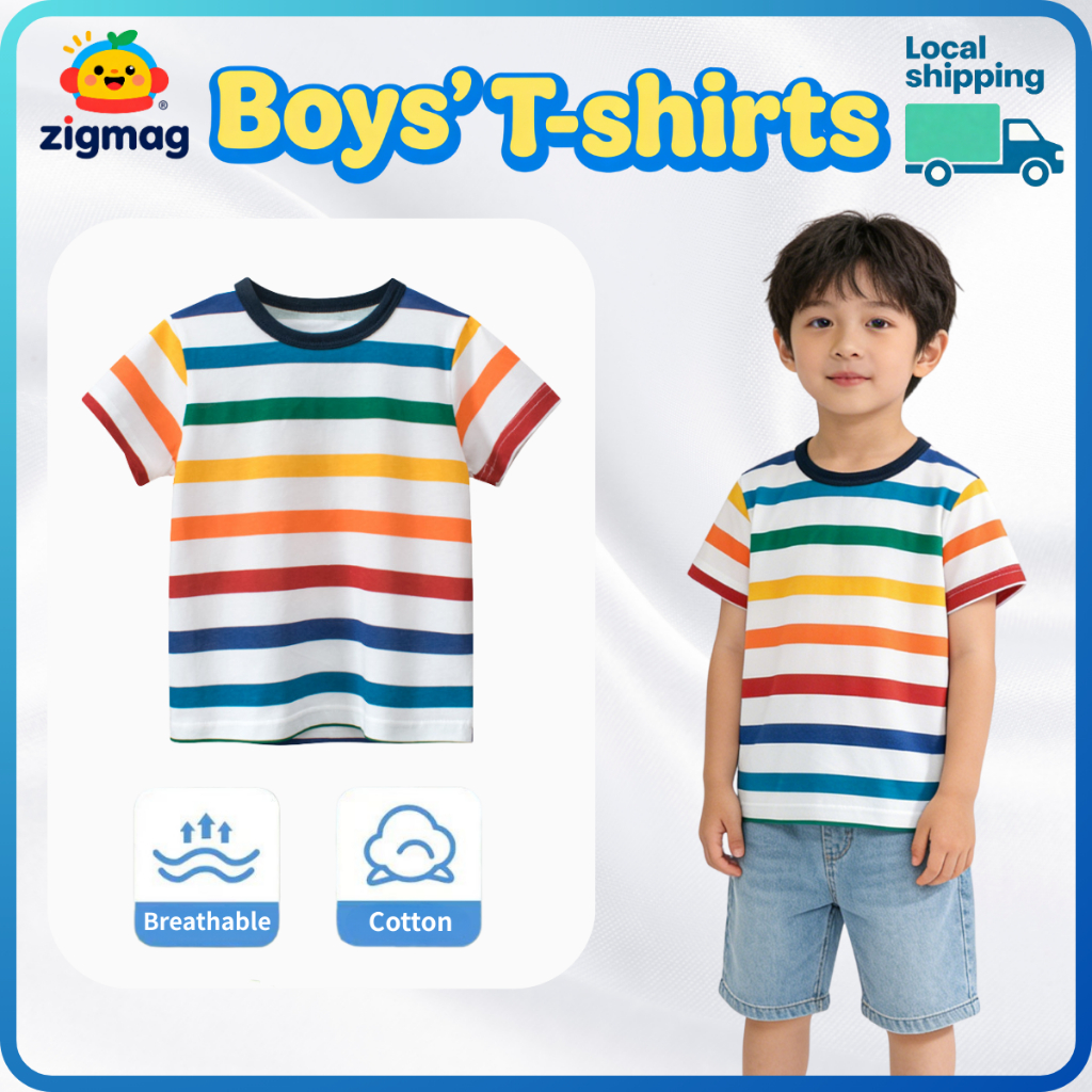 เสื้อยืดเด็กผู้ชาย อายุ 1-9 ปี ทำจากผ้าฝ้าย มีลายสายรุ้ง สไตล์แฟชั่นและสวมใส่ง่าย