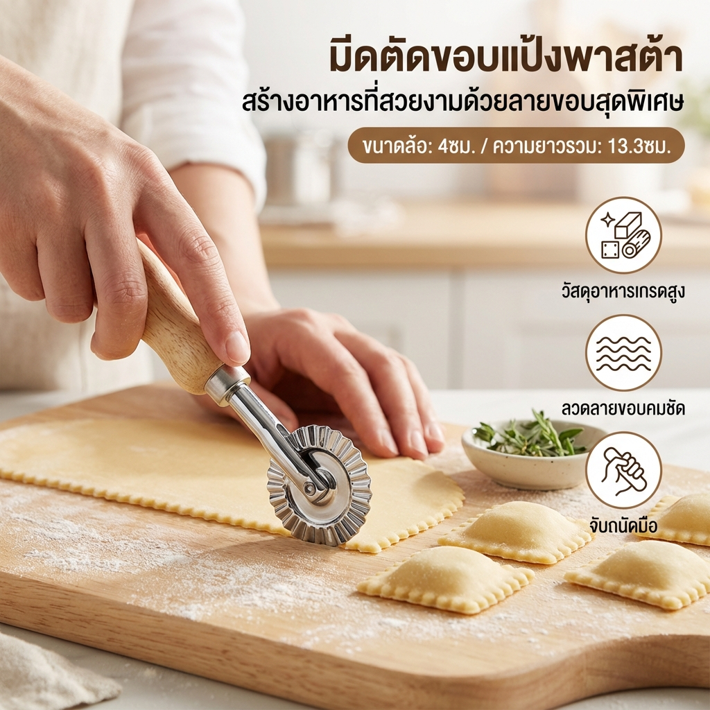 ลูกกลิ้งตัดแป้งโดว์ อะลูมิเนียมอัลลอย ด้ามจับไม้ ตามหลักสรีรศาสตร์ Pastry Wheel Cutter - Pasta Cutter Wheel