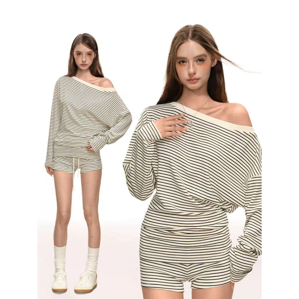 🌸Sunny Beach🌸ชุดสูทลายทางขาวดำสไตล์เกาหลีสำหรับผู้หญิง เสื้อแขนยาวเปิดไหล่ กางเกงขาสั้น เหมาะสำหรับโอกาสต่างๆ