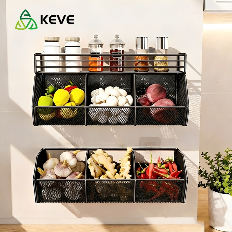 KEVE ชั้นวางของในครัว ชั้นวางเครื่องเทศติดผนังครัว ไม่ต้องเจาะรู แข็งแรง เก็บหัวหอม ขิง กระเทียมได้