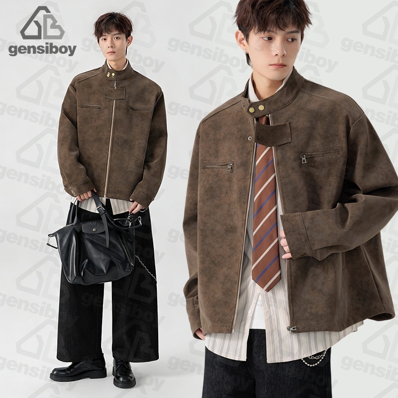 Gensiboy-แจ็คเก็ตหนังผู้ชาย สีน้ำตาล สไตล์อเมริกันย้อนยุค ดีไซน์หลวมสบาย M-3XL