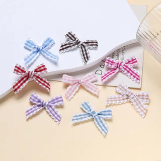 Mini Gingham ริบบิ้นโบว์ขอบลูกไม้ผ้า Appliques สําหรับเย็บชุดชั้นในคลิปผม DIY Craft Supplies