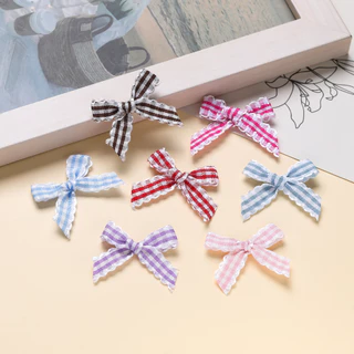 Mini Gingham ริบบิ้นโบว์ขอบลูกไม้ผ้า Appliques สําหรับเย็บชุดชั้นในคลิปผม DIY Craft Supplies