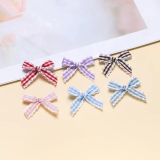 Mini Gingham ริบบิ้นโบว์ขอบลูกไม้ผ้า Appliques สําหรับเย็บชุดชั้นในคลิปผม DIY Craft Supplies