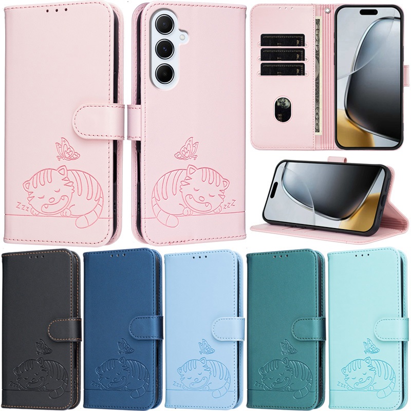 Deluxe สําหรับ Samsung Galaxy A57 A37 A55 A35 A05S A15 A54 A34 A14 A25 A24 A05 5G A15 4G Cat กระเป๋าสตางค์ช่องใส่การ์ดผิวหนังแม่เหล็ก Flip Stand ป้องกันปลอก
