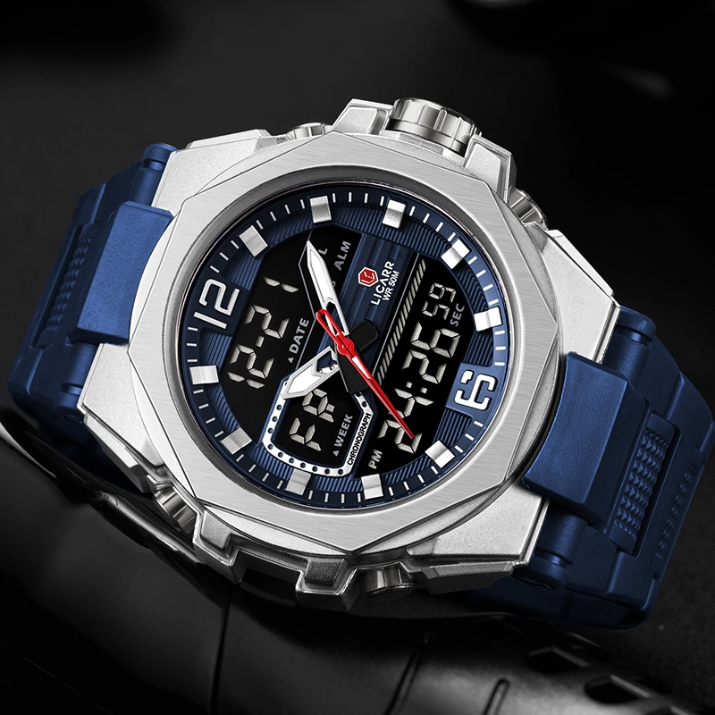 ลิการ์ กันน้ําแฟชั่นแบรนด์ชั้นนําปลุกปฏิทินแสงจอแสดงผลคู่กีฬานาฬิกาผู้ชาย 9542