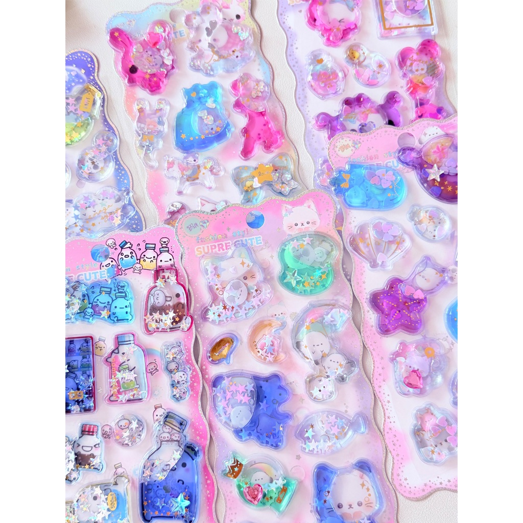 OHAYA | 3ง น้ํามันบรรจุน้ําบรรจุ ปิดทอง สติกเกอร์สามมิติ แวววาว การ์ตูนสติกเกอร์ตกแต่งโทรศัพท์มือถือถ้วยน้ําเครื่องเขียน