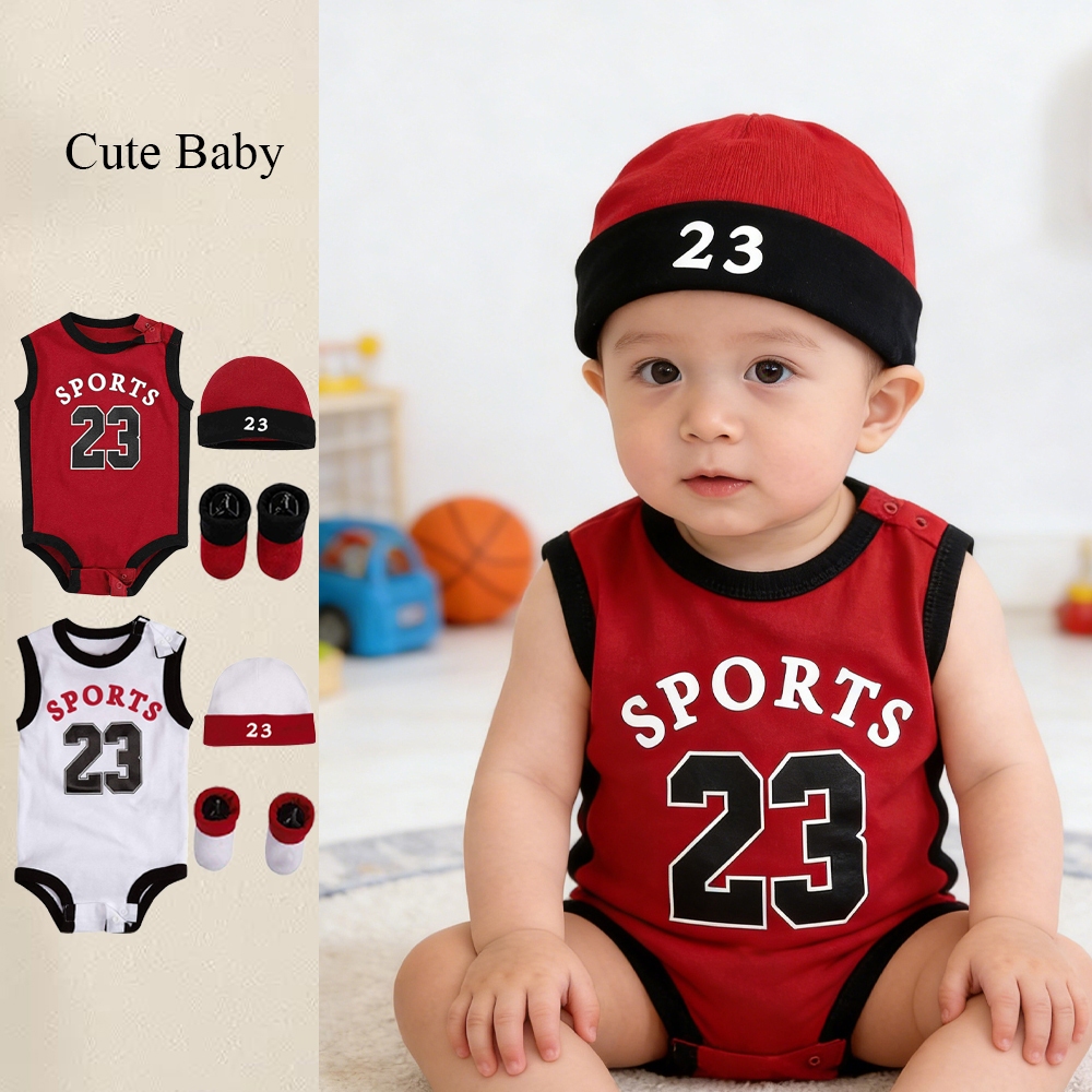 ธีมบาสเก็ตบอล NBA 3 ชิ้น เบอร์ 23ชุดบอดี้สูทเด็กเสื้อผ้าสําหรับเด็กชายและเด็กหญิงเสื้อผ้าแฟชั่นนุ่มสบาย ชุดจั๊มสูท 0-24 เดือน
