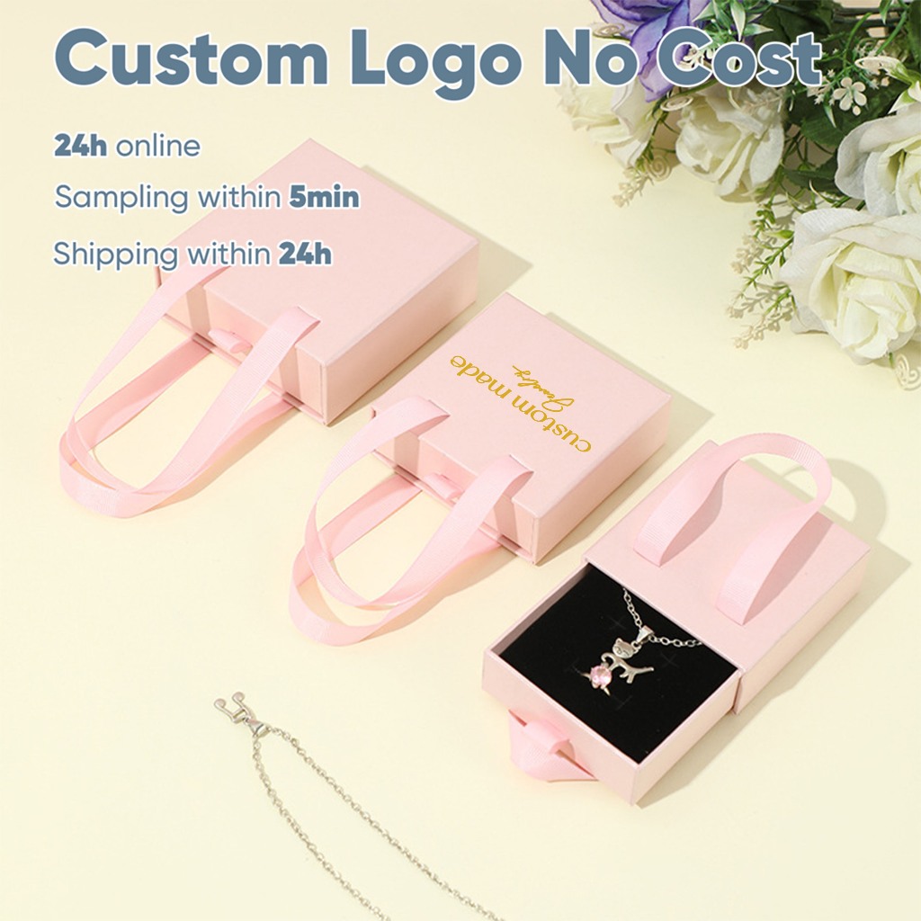 8*8 ซม.ฟรีการปรับแต่งเครื่องประดับกล่องของขวัญกระดาษแบบพกพากล่องลิ้นชักแบบพกพาสร้อยคอสร้อยข้อมือแหวน ดึง กล่องเครื่องประดับ