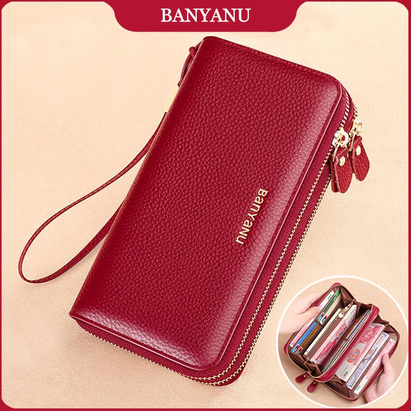 BANYANU กระเป๋าสตางค์หนังวัวแท้สำหรับผู้หญิงความจุสูงเดินทาง 6.7 นิ้วผู้หญิงโทรศัพท์มือถือกระเป๋าสตางค์ยาวป้องกัน RFID