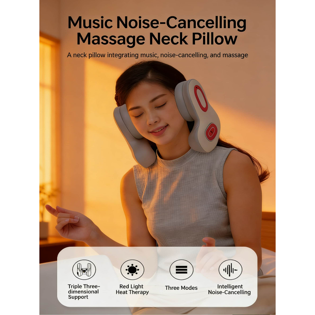 Head-Mounted ไร้สายบลูทูธNoise-Cancelling ANC ชุดหูฟังเพลง U-Shaped หมอนสีแดงประคบร้อน Vibrating นวด