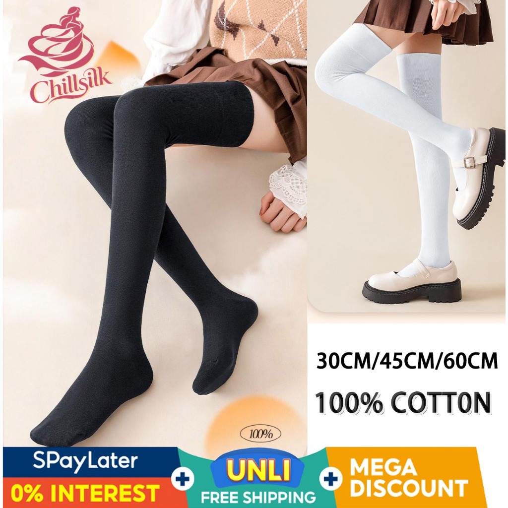 🌸🧦 ถุงเท้ายาวถึงเข่า สไตล์เกาหลีสำหรับสุภาพสตรี มีหลายความยาว สีขาวดำคลาสสิก