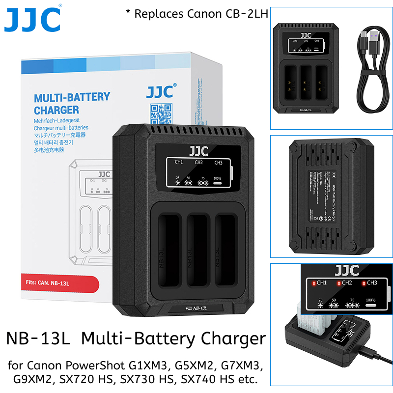 JJC NB-13L เครื่องชาร์จแบตเตอรี่สําหรับ NB13L Canon PowerShot G7XM3 G7 X G1X Mark III G9XM2 SX620 SX720 SX730 SX740 HS แบตเตอรี่กล้อง, เปลี่ยน CB-2LH, Triple แบตเตอรี่แท่นชาร์จ