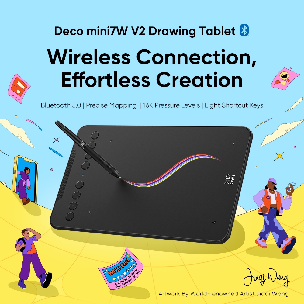 XPPen Deco mini7W V2 แท็บเล็ตการวาดภาพไร้สายกราฟิกแท็บเล็ตสําหรับ Android และ PC พร้อมปากการะดับ 16K