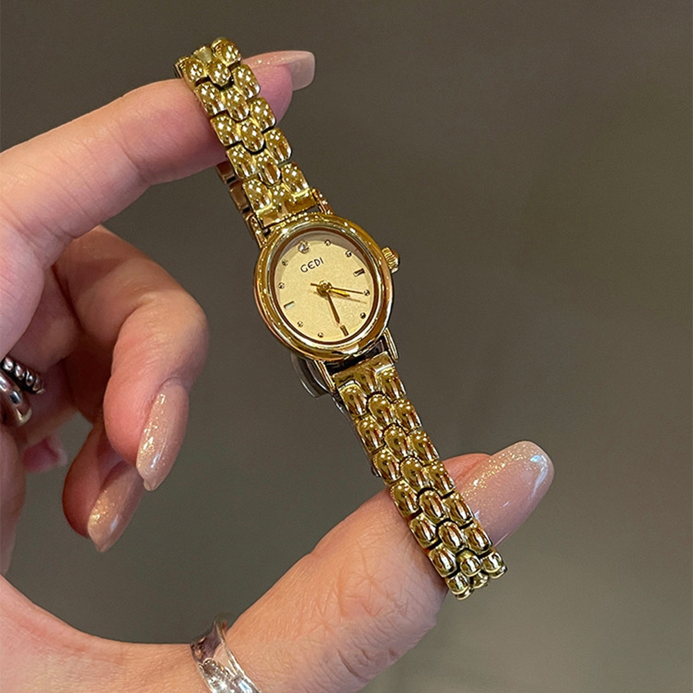 GEDI เกดี นาฬิกาสําหรับผู้หญิงนาฬิกาข้อมือวินเทจรูปไข่สายสแตนเลสนาฬิกาควอทซ์