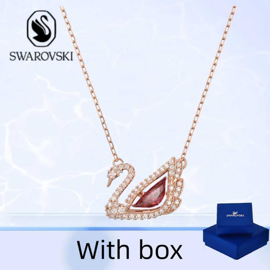 Swarovski (พร้อมกล่อง) ซื้อสร้อยคอเครื่องประดับเงินแท้ สร้อยคอจี้หงส์แดงในโทนโรสโกลด์