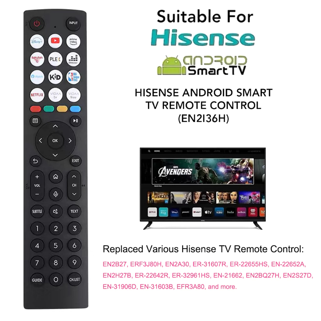 เปลี่ยนรีโมทสมาร์ททีวี Hisense Android และเข้ากันได้กับ Hisense VIDAA TV 40A4KV, 32A4KV, 43A4KV - ไม