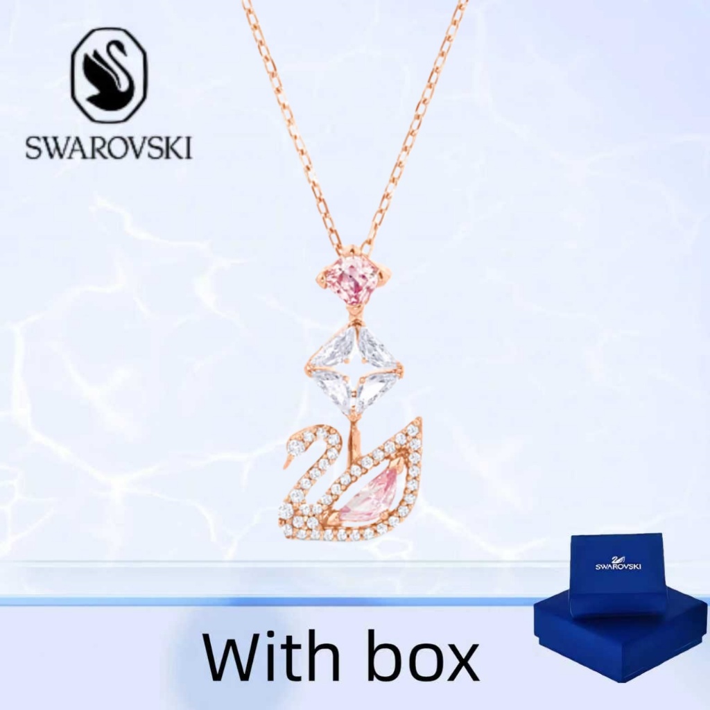 Swarovski (พร้อมกล่อง) ซื้อสร้อยคอเครื่องประดับเงินแท้ สร้อยคอหงส์เต็มสีชมพู Swarovski