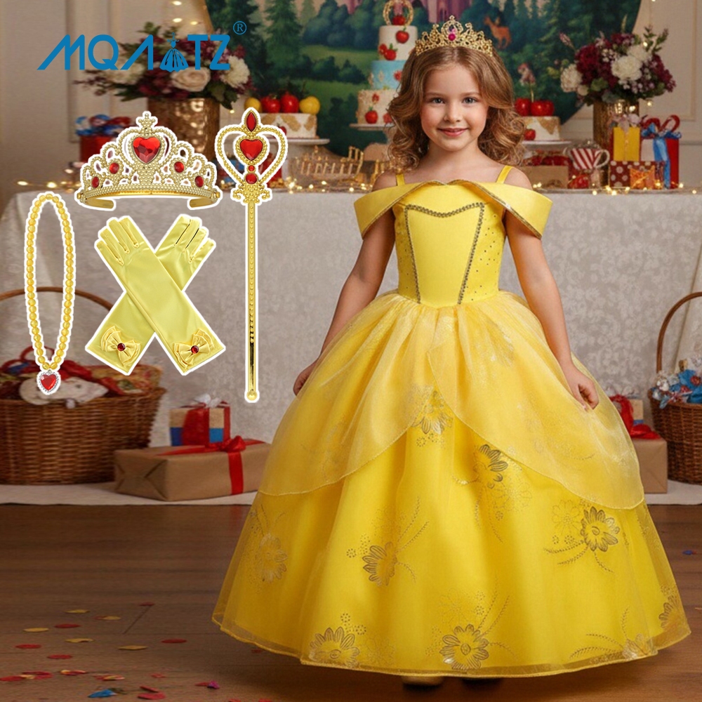 MQATZ สีเหลืองวันเกิดคอสเพลย์ชุดสําหรับเด็กผู้หญิงเด็กเครื่องแต่งกายสาวเสื้อผ้าชุดเจ้าหญิง Belle SMR