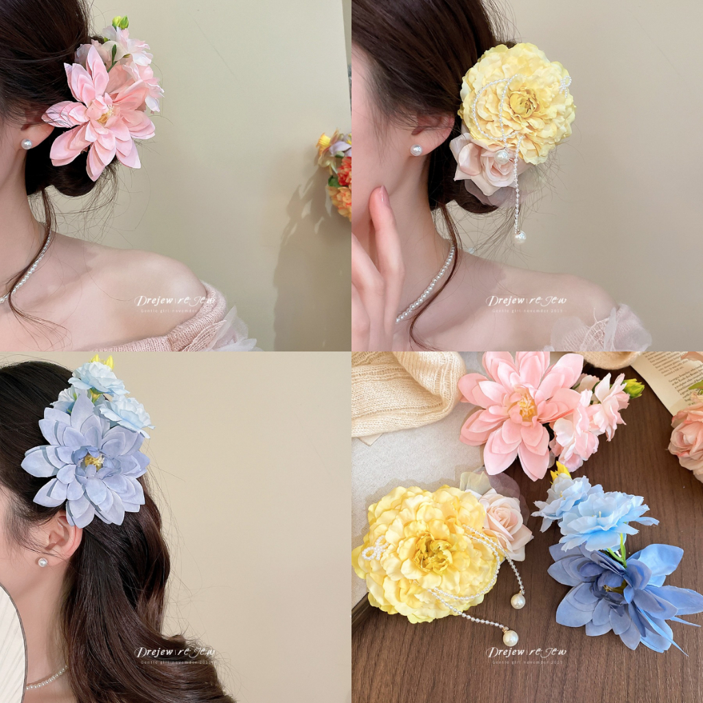 เดรช ดอกไม้ขนาดใหญ่กิ๊บผู้หญิงสีเหลือง/สีชมพู/สีฟ้าโทนนางฟ้าออกแบบที่สง่างามแฟชั่นทุกวันอินเทรนด์เครื่องประดับผม