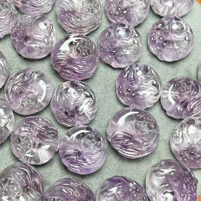ธรรมชาติ Amethyst Fox Nine-Tailed Fox ประมาณ 17 มม. Through Hole แกะสลักชิ้นคริสตัล Hand-Made เครื่องประดับ diy อุปกรณ์เสริม Simple All-Match ของขวัญ