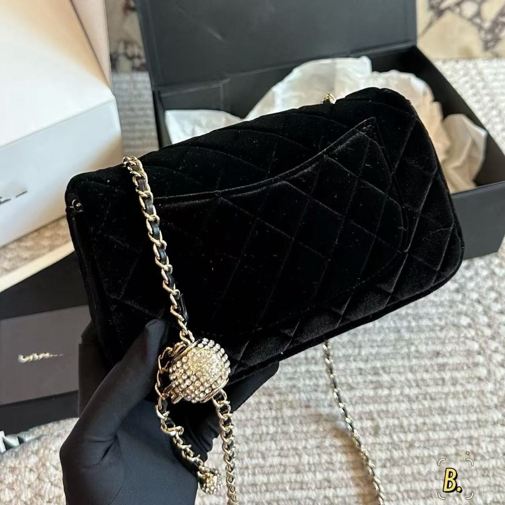 Square Fatty Golden Ball Bag กํามะหยี่หนังแท้หญิงโซ่ไหล่แนวทแยงความรู้สึกระดับไฮเอนด์