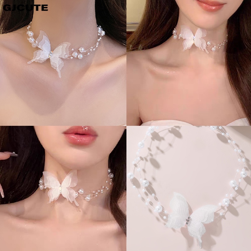 GJCUTE สีขาว Pearl Choker สร้อยคอผู้หญิงหวานเลียนแบบ Pearl Clavicle Chain สร้อยคอเครื่องประดับงานแต่