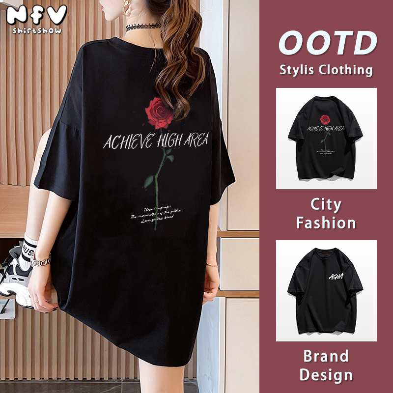NFV แฟชั่นเกาหลี🎀เสื้อยืดแขนสั้นคอกลม ลายพิมพ์ดอกกุหลาบ ใส่สบาย ผ้าฝ้ายแท้ ทรงหลวม ฤดูร้อน YG889